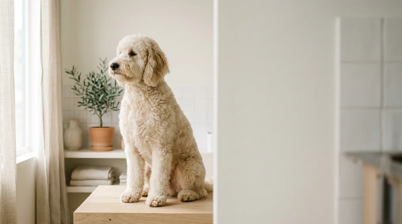 Aydınlık bir bakım salonunda yeni tıraşlanmış, pırıl pırıl krem rengi bir köpek pencere ışığına bakıyor.