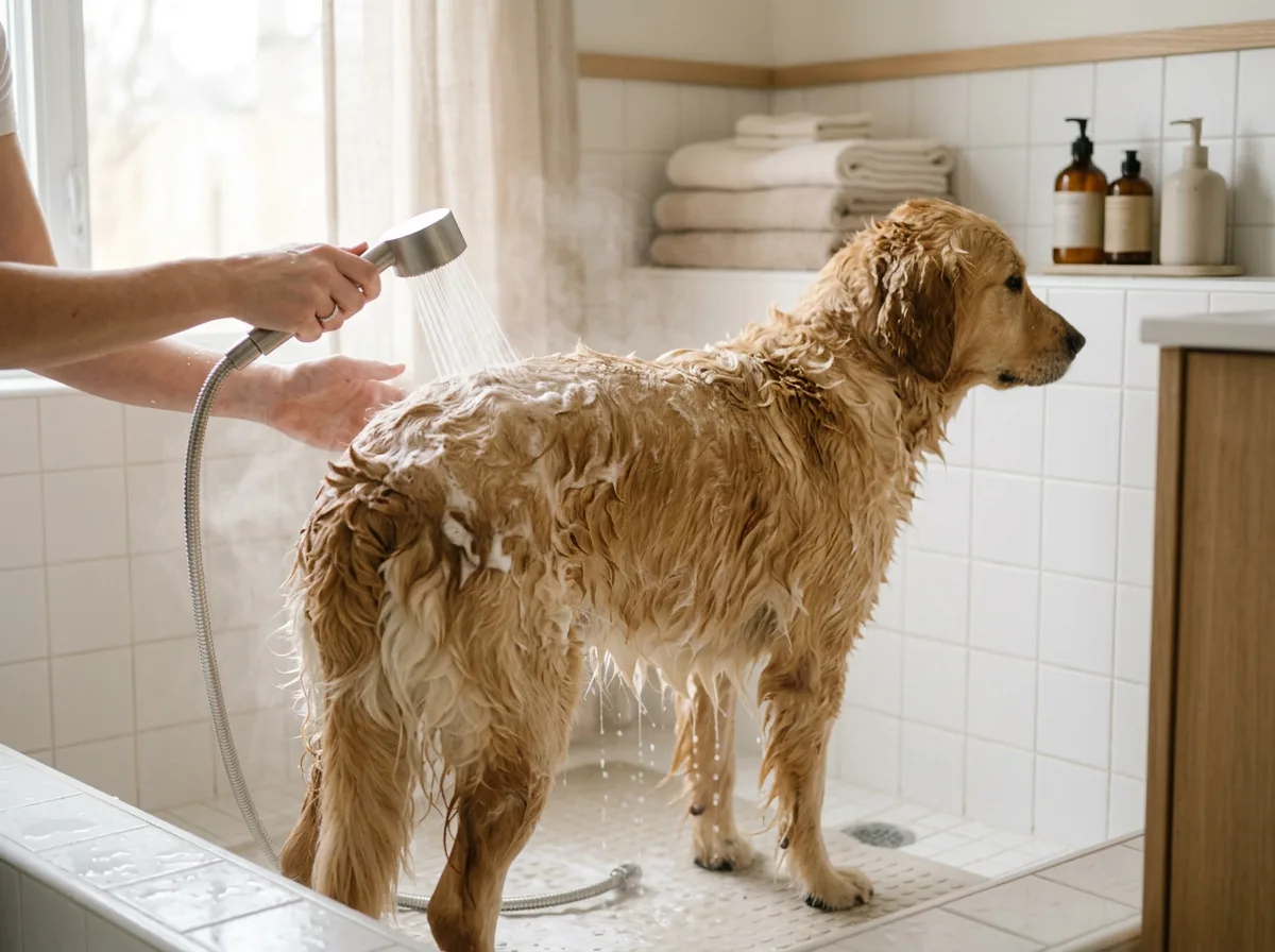 Islak bir golden retriever beyaz fayanslı yıkama alanında köpükle nazikçe yıkanıyor.
